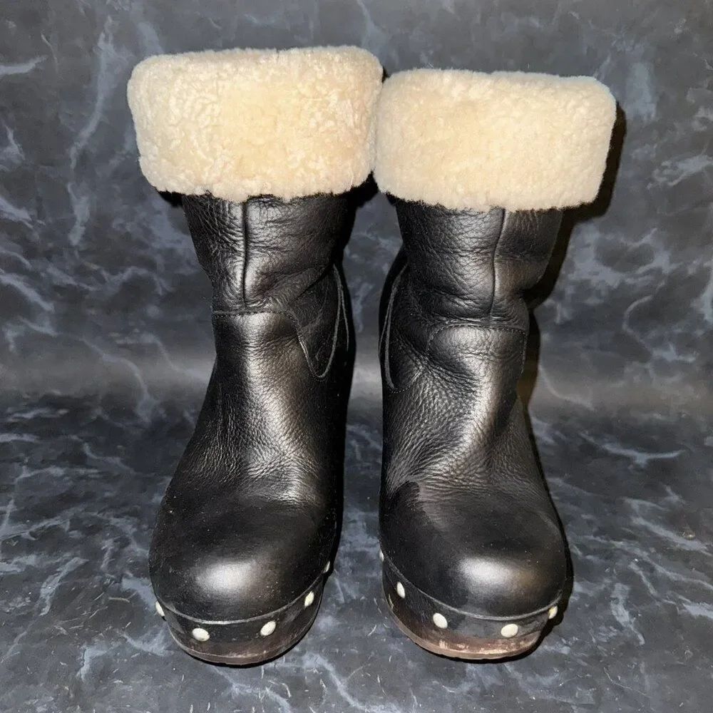 UGG Carnegie Black Nubuck Leather Wooden Wedge Heel Boots Womens Size 6 - Picture 2 of 10